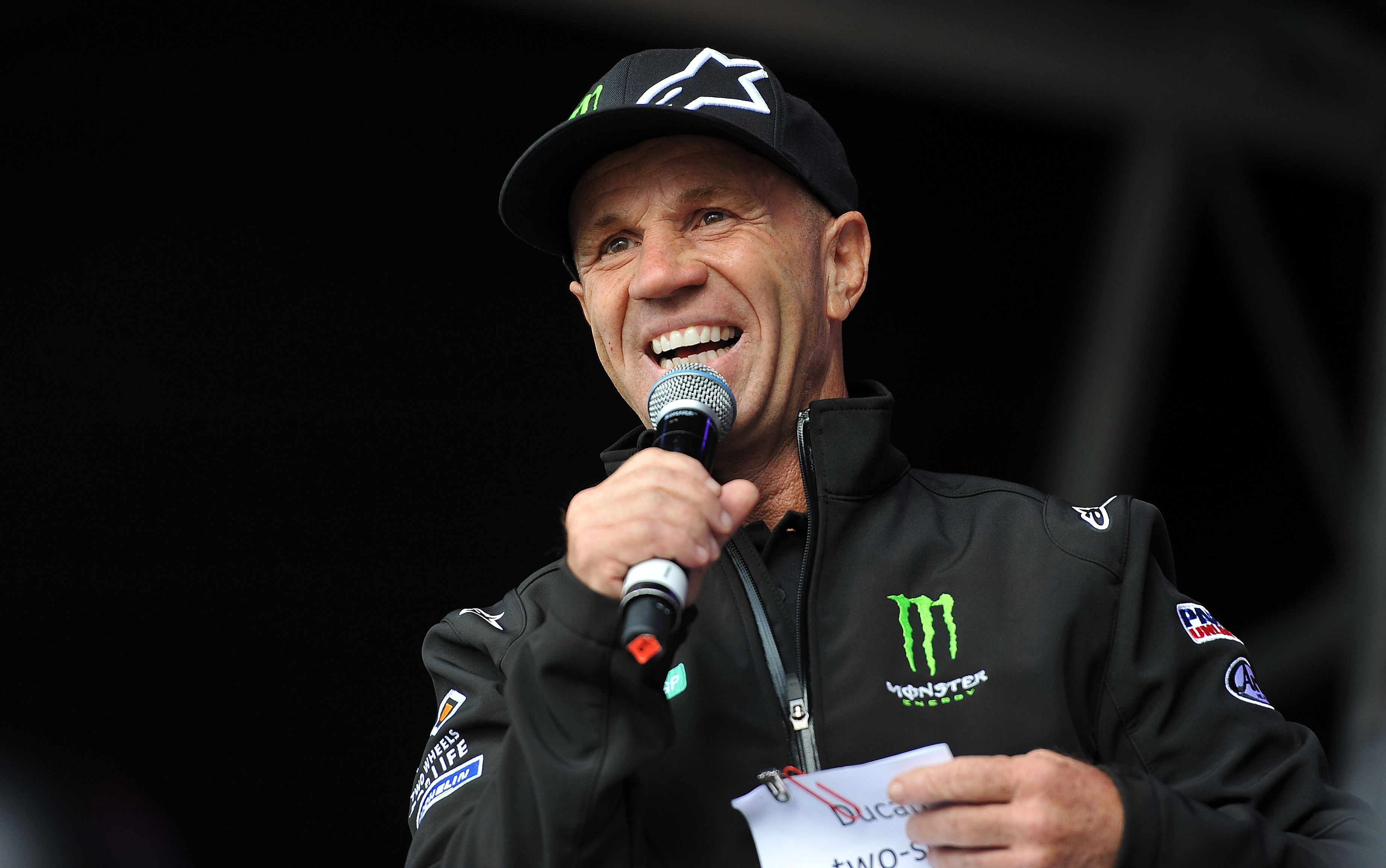 Randy Mamola on stage during a Two Wheels for Life initiative 